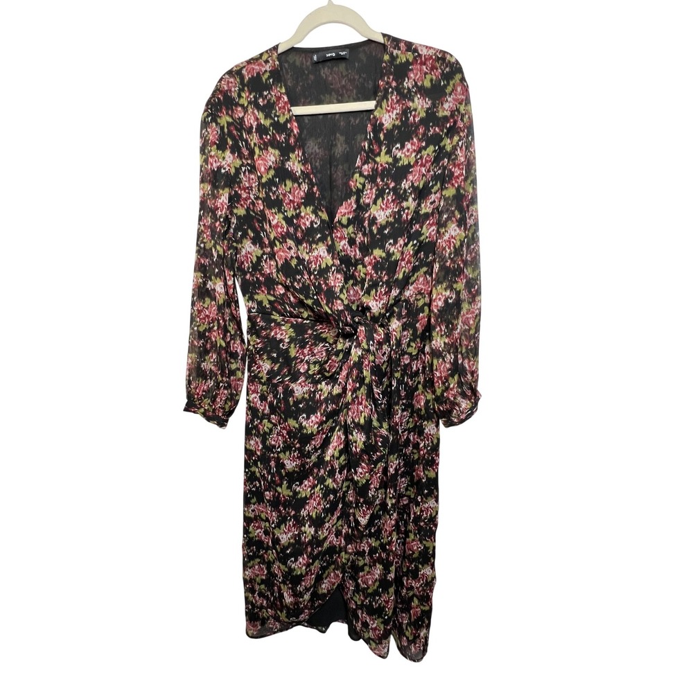 MNG Mango Floral Knot Front V-Neck Midi Dress Black Pink Green Size 8